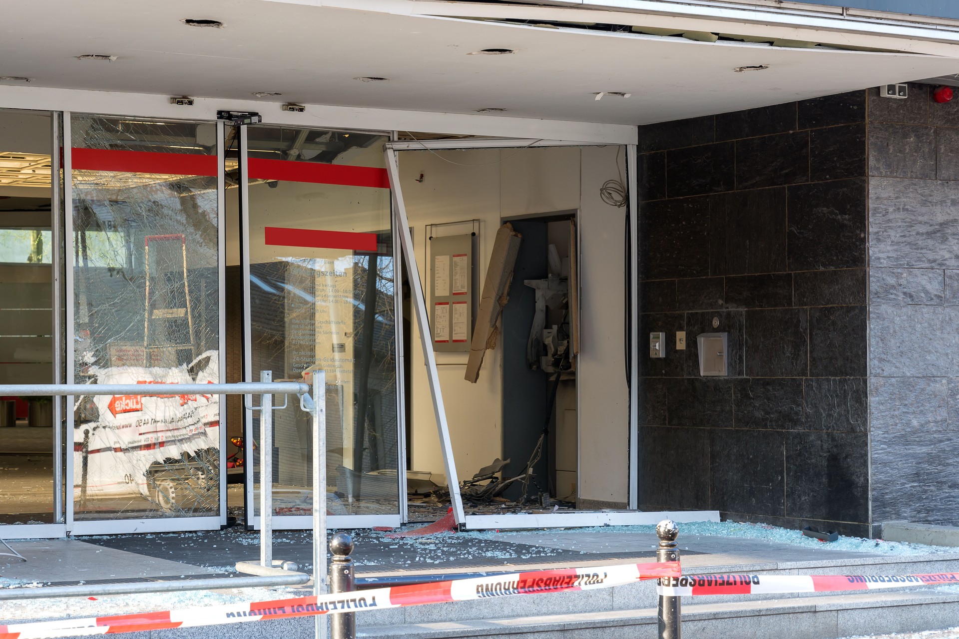 The consequences of the explosion of an ATM with money in a bank in Germany.