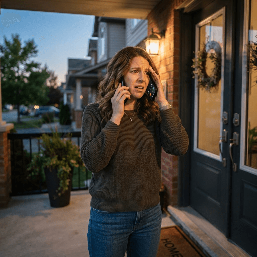 A homeowner locked out and calling My Locksmiths for fast, friendly help